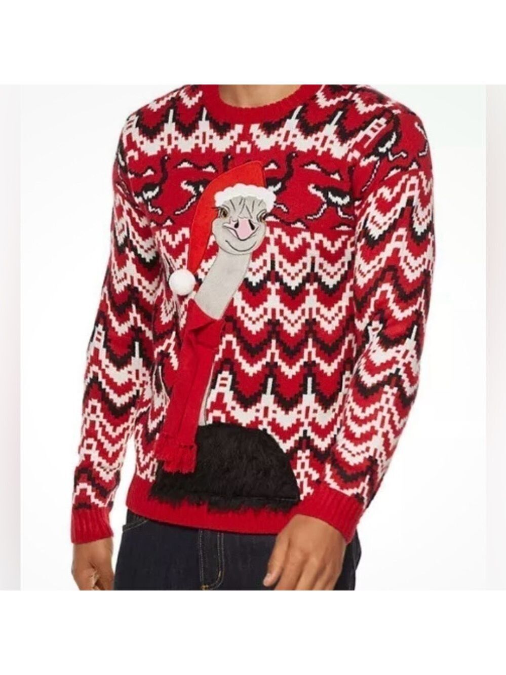 Ugly Christmas Sweater Ostriches 33 Degrees Crewneck Santa Ostrich Scarf Fuzzy M